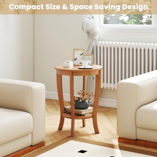 GOFLAME 2-Tier Round End Table, 18” Sofa Side Table with Storage Shelf, Floor Tea Table with Solid Wood Legs, Compact Nightstand for Small Space, Living Room, Bedroom, Light Brown - color: Light Brown