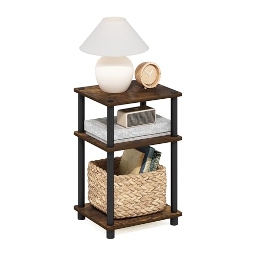 Furinno JUST Side Table, 3-Tier End Table, Open Shelves Night Stand, Bedside Table, Toolless Assembly, for Living Room, Bedroom, Bathroom, Amber Pine - color: Amber Pine/Black, size: 3-Tier, Round Pole, style: 1-Pack