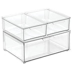 mDesign Plastic Stackable Closet Storage Organizer Bin Containers with Front Pull Drawer for Cabinet, Desk, Shelf, Cupboard, or Dresser Organization - Lumiere Collection - Set of 3 - Clear - size: Mixed Sizes (Pack of 3)