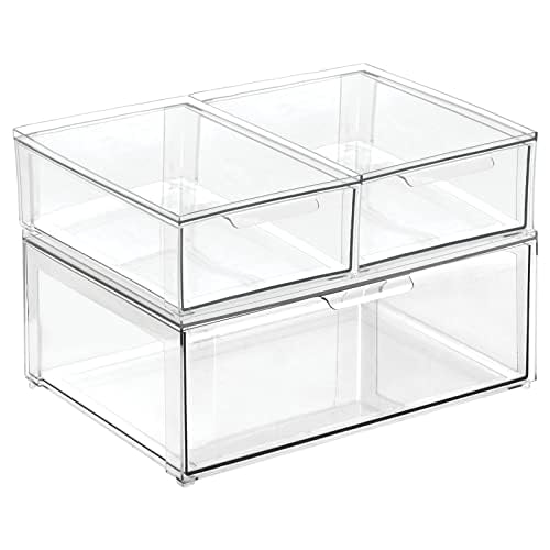 mDesign Plastic Stackable Bathroom Storage Organizer Bin Containers with Front Pull Drawer for Bathroom Countertop, Vanity, Closet Shelves - Holder for Accessories, Lumiere Collection, Set of 3, Clear - size: Mixed Sizes (Pack of 3)