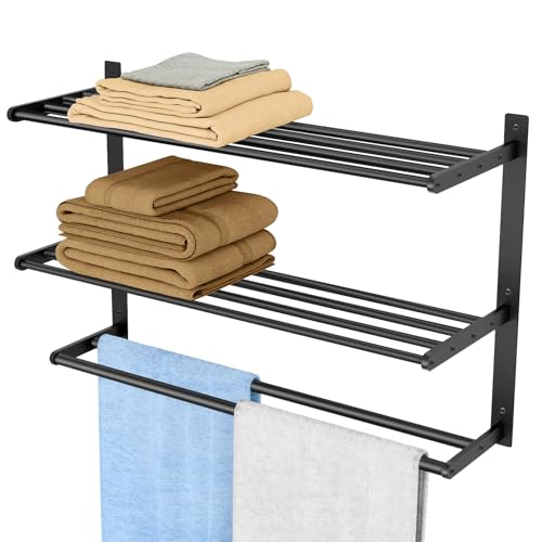 Towel Racks for Bathroom Wall Mounted 24", 3 Tier Bathroom Towel Shelf with Double Towel Bar, Stainless Steel Towel Rack with Towel Shelf, Towel Hanger Holder for Bathroom Towel Storage, Black - color: Matte Black, size: 24IN (2 Bar)