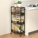 XYZLVSI Slim Storage Cart 4 Tier Narrow Kitchen Rolling Cart on Wheels for Small Space, Mobile Utility Cart Shelving Unit with Wooden Top and Metal Handle for Kitchen, Bathroom, Laundry Room - size: 16.7"Dx7.1"Wx34"H