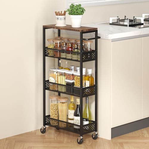 XYZLVSI Slim Storage Cart 4 Tier Narrow Kitchen Rolling Cart on Wheels for Small Space, Mobile Utility Cart Shelving Unit with Wooden Top and Metal Handle for Kitchen, Bathroom, Laundry Room - size: 16.7"Dx7.1"Wx34"H