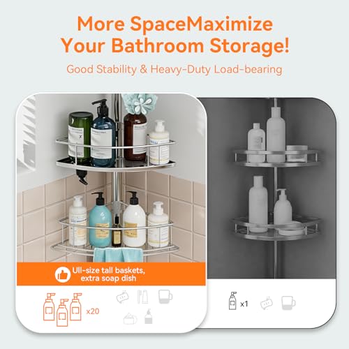 Corner Shower Caddy Tension Pole Rustproof, 4 Tier Adjustable Shower Organizer Tension Pole, 25-125 Inch Bathroom Shower Organizer for Bathtub Shampoo Storage, Silver - color: Silver