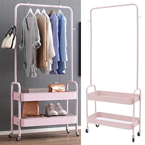 2-Tiers Clothes Rack Freestanding Clothing Garment Rack with Metal Basket Rolling Storage Clothes Shelves Portable Organizer Coat Rack for Entryway Home Bedroom Laundry Small Place (Pink) - color: Pink