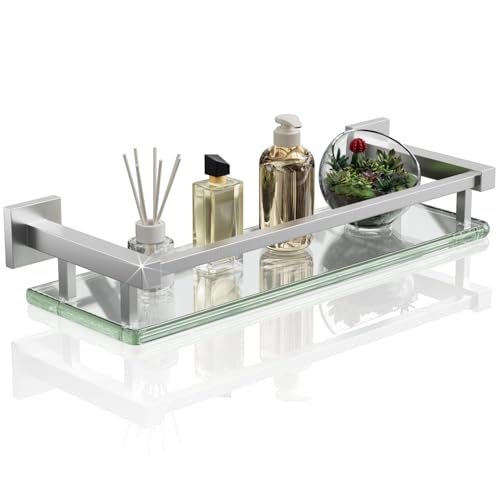 Alise Bathroom Glass Shelf with Stainless Steel Railing, Brushed Nickel Small Tempered Glass Floating Wall Shelf Over The Toilet, 16 inch - color: Brushed Nickel, size: 16 Inch