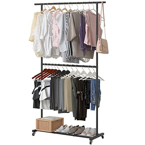 Sywhitta Double Rod Clothing Garment Rack, Rolling Clothes Organizer on Wheels for Hanging Clothes, Easy to Assemble, Adjustable, Black - color: Black, size: No mesh