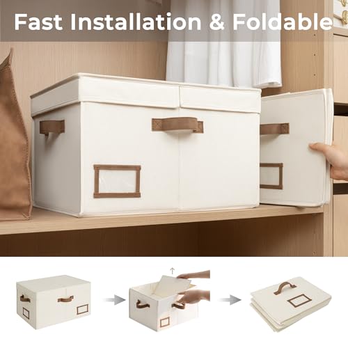 StorageWorks Large Clothes Storage Bins, Fabric Boxes with Divider Board, Baskets for Clothes, Linen Closet Organizers with Lid, Ivory White, 2-Pack - color: Ivory White, size: Large
