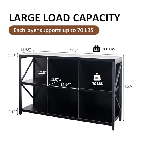 6 Cube Storage Organizer Bookshelf, Industrial Horizontal Bookcase, Accent Cubby Shelf, Media Console Table for Living Room, Home Office, 13.6" D x 47.2" W x 30.9" H, Black - color: Black, size: 6 Cube- 2 Tier