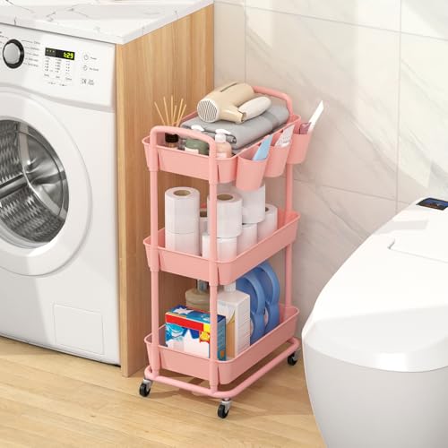 JIUYOTREE 3-Tier Plastic Rolling Storage Cart Utility Cart with Extra Hanging Cups Handles Lockable Wheels for Living Room Bathroom Kitchen Office Pink - color: Pink, size: 3-Tier