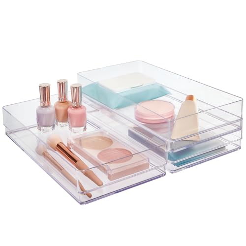 STORi SimpleSort 3-Piece Stackable Clear Drawer Organizer Set | 12" x 6" x 2" Rectangle Trays | Wide Makeup Vanity Storage Bins and Office Desk Drawer Dividers | Made in USA - size: 12x6x2"