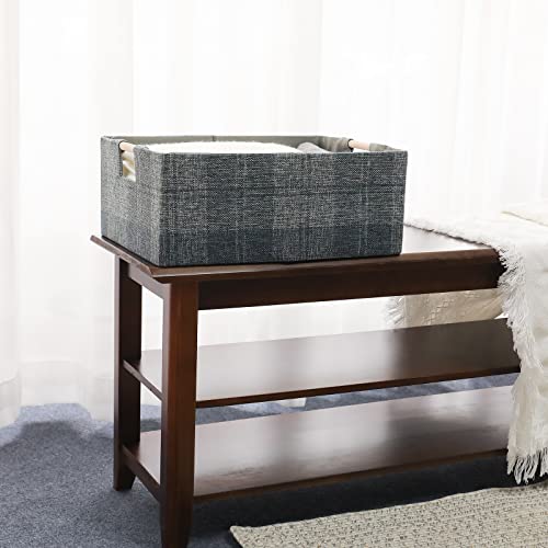 Fabric Storage Bin Box Collapsible Cotton Linen Storage Cube with Wooden Handles Rectangular Decorative Home Organizer Clothes Blanket Basket– Dark Gray Plaid, Large - color: Dark Gray Plaid, size: Large