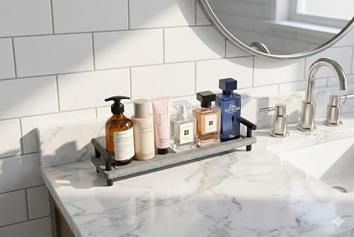 2PCS Water Absorbing Stone Tray, Instant Dry Sink Caddy, Stone Drying Tray with Black Handle, Deco for Bathroom Sink, Bathroom Small Caddy (Dark Grey & Black Handle, Small) - color: Dark Grey & Black Handle, size: Small