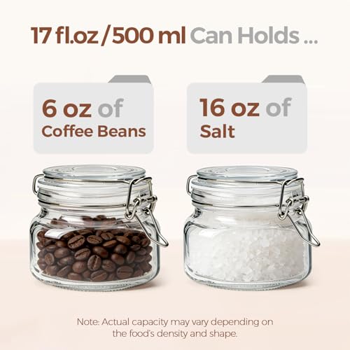 ComSaf Set of 6 Square Glass Jars with Airtight Wire Clamp Lids (17 Oz), Wide Mouth Pantry Canisters for Overnight Oats, Jam, Pickling, Spice Storage, Gifts - size: 17oz*6