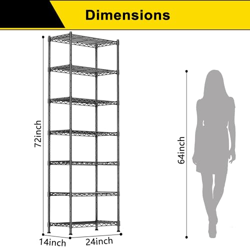 GIOTORENT 7-Wire Garage Shelving Storage Shelves, Kitchen Storage Adjustable Shelf, Metal Shelves 1400Lbs Capacity 24" W x 14" D x 71.6" H for Laundry Bathroom Pantry Closet, Black - color: Black, size: 14.0D x 24.0W x 71.6H (7Tier)
