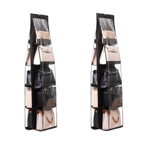 HAN SHENG 10 Pockets Clear Handbag & Purse Organizer Hanging Bag Storage - Space Saving Hanging Shelf for Closet, Wardrobe, Over Door (2 Pack, Black) - color: Black, size: 10 Pockets-2pcs