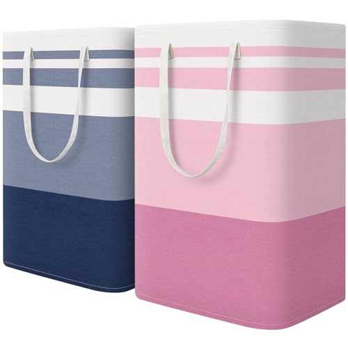 HomeHacks 2 Pack Large Laundry Baskets, Waterproof, Freestanding Laundry Hampers, Collapsible Clothes Hamper with Reinforced Handles in Laundry, College Dorm, Bathroom, Bedroom (Blue+Pink, 75Lx2) - color: Blue+Pink, size: 75L