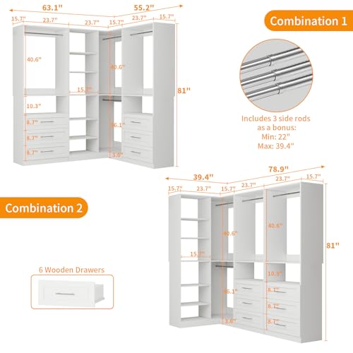 Closet System with 6 Drawers, Corner Closet Organizer Systems with 8 Shelves & 7 Hanging Rods L-Shaped Walk in Closet Freestanding Corner Tower Modular Storage System 3 Sets 2100+ Lbs Capacity White - color: 3 Sets - 86.8''