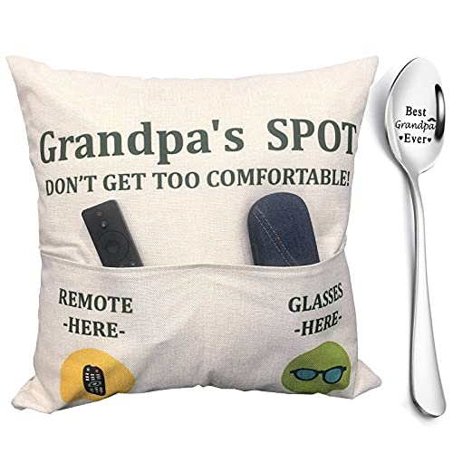 ZUYUROU Grandpa Gifts,2-Pocket Grandpa’s Spot Throw Pillow Covers 18x18 Inch + Engraved Spoon, Fathers Day Birthday Christmas Thanksgiving Day Gifts for Papa, Granddad - color: Grandpa