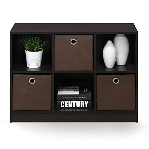 Furinno BASIC Book Shelf, 6-Cube Bookshelf with Open Shelf, 3 x 2 Bookcase with Storage Bins, Closed Back, Horizontal, 11.9 x 31.6 x 23.6, for Living Room, Bedroom, Home Office, Dark Walnut - color: Dark Walnut, size: 6-Cube with Bin