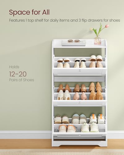 VASAGLE Shoe Cabinet with 3 Flip Drawers, Shoe Organizer, Adjustable and Removable Dividers, Holds 12-20 Pairs, Entryway, 9.4 x 23.6 x 47.7 Inches, Cloud White ULBC036WB02S - color: Cloud White, size: 9.5"D x 23.6"W x 47.7"H, style: shoe cabinet