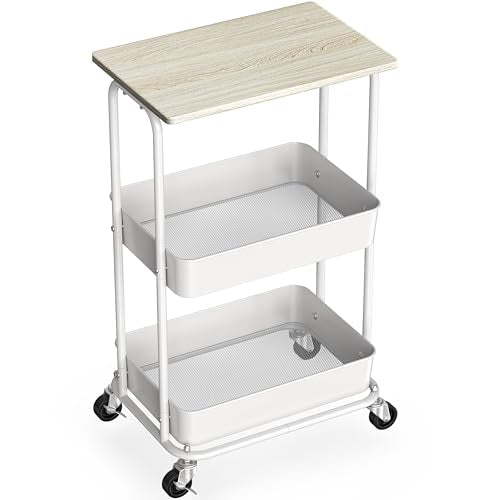 Simple Houseware 2-Tier Rolling Utility Cart with Lockable Wheels and Wood Top, Metal Storage Organizer Trolley for Kitchen, Bathroom, Office, Craft Room, Maple - color: Maple