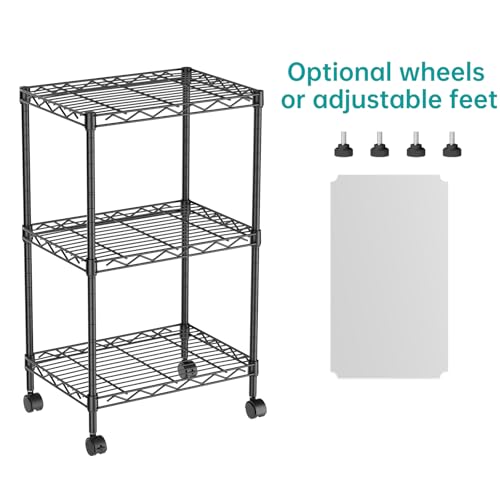 SINGAYE Shelf Closet Wire Shelving：Adjustable Metal Unit for Laundry Room Organization Bathroom Kitchen Home Storage with Wheels Small Pantry Rack Shelves - color: Black, size: 3Tier-11.45"Dx17.5"Wx30.5"H