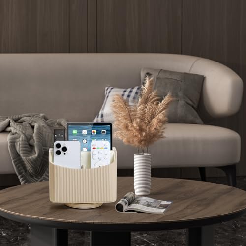 PU Leather Remote Control Holder, 360 Degree Rotating Desk Organizer Storage Table Remote Caddy, Spinning Bedside Organizer Nightstand Organizer for Desktop Office Home (Beige) - color: Beige