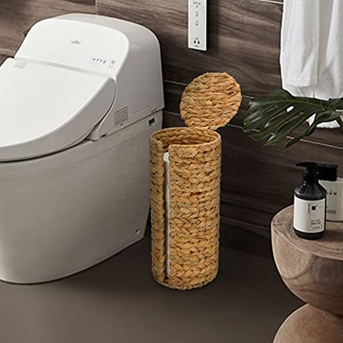 Graciadeco Stand Paper Storage with Lid Spare Extra 3 Rolls of Toilet Tissue Holder Free Standing Water Hyacinth Wciker Toilet Paper Organizer Basket for Bathroom