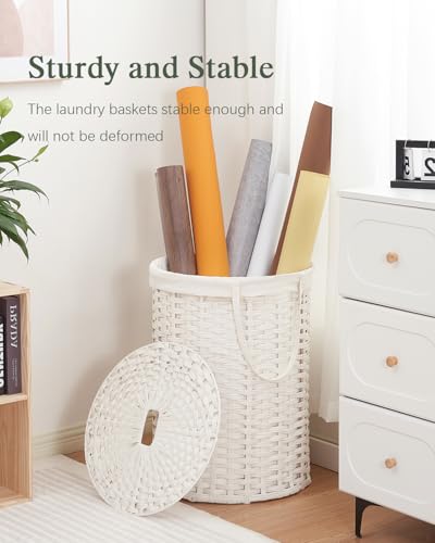 SETVSON Laundry Basket with Lid Round Rattan Laundry Hamper with Lid and Handles 29.1 Gal (110 L) Handwoven Woven Basket with Removable Bags and 2 Mesh Bags for Bathroom Living Room White - color: White, size: 110L