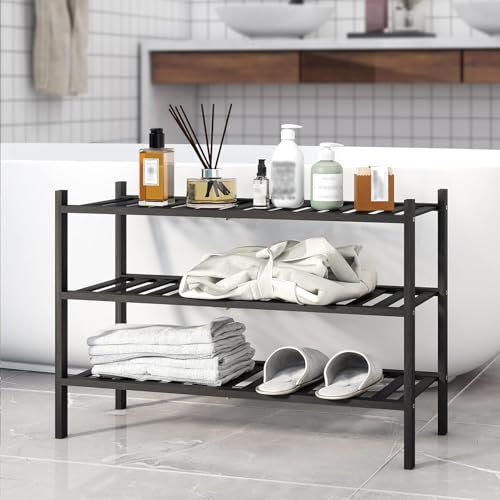 Shoe Rack, 3-Tier Bamboo Stackable Shoe Shelf Storage Organizer, Shoe Stand for Closet, Entryway and Hallway - color: Black, size: 3-Tier-Standard