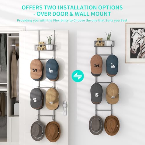 HapiRm Over Door Hat Rack - 2 Packs Wall Mounted Hat Holder with 6 Hooks and Metal Basket Design, Baseball Cap Organizer Storage Up to 32 Caps for Door, Bedroom, Closet (Grey) - color: Grey, size: 1 Pack