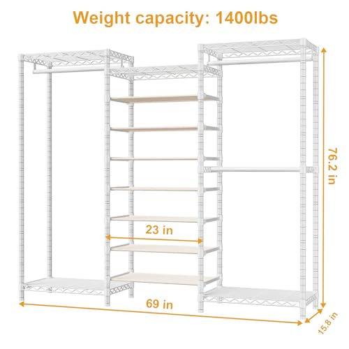 ULIFHOME E16 Heavy Duty Clothing Rack（With 7-Tier Adjustable Shoe Rack） Freestanding Clothes Rack for Hanging Clothes，Metal Closet Storage Organizer Large Wardrobe，69'' W x 15.8'' D x 76.2'' H，White - color: White