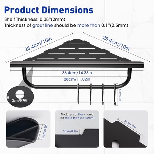Corner Shower Shelf, 10'' Shower Corner Shelf with Towel Bar & Hooks, 304 Stainless Steel Recessed Bathroom Shelves, No Drilling for Tiled Wall, 2-Pack (Matte Black) - color: Matte Black