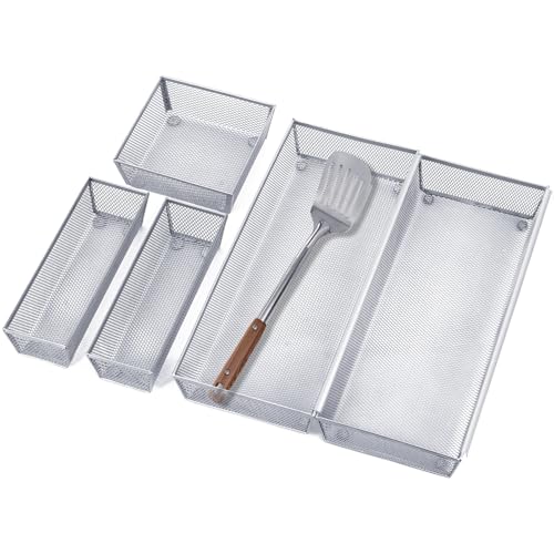 Neudeco Silverware Drawer Organizer,Utensil Organizer for Kitchen Drawer Organizer for Large Utensils with Interlocking Arm, Silverware Storage Cutlery Tray for Knives Fork Spoon (Pack 5, Silver) - color: Silver-5L pack