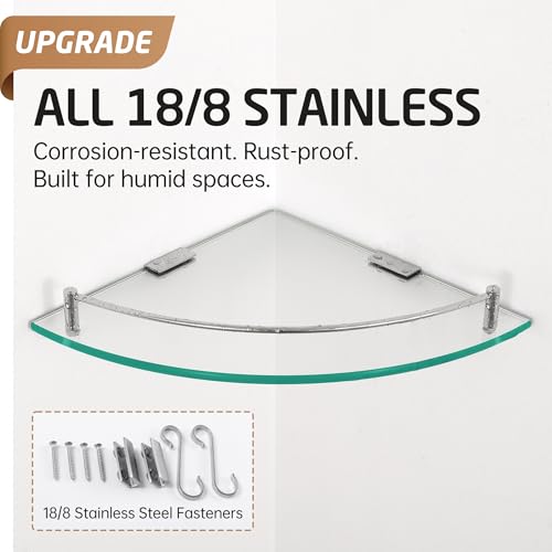 KES Glass Corner Shelf for Bathroom Corner Shelf 2 Pack Tempered Glass Shelf with Rail SUS 304 Stainless Steel Wall Mounted Brushed Finish, BGS2101A-2-P2 - color: Brushed Finish
