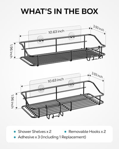 Nieifi Shower Caddy Shelf with Hooks Storage Rack Organizer Adhesive Stainless Steel Without Drilling for Bathroom, Lavatory, Washroom, Restroom, Shower, Toilet, Kitchen - 2 Pack (Black) - color: Black, size: 2 Pack