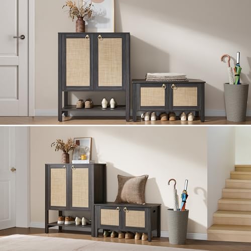 SICOTAS Rattan Shoe Storage Cabinet - 5 Tier Farmhouse Boho Shoe Storage Organizer Cabinet with Doors and Shelves, Tall Shoe Rack for Entryway, Hallway, Living Room, Closet (Obsidian) - color: Obsidian, size: 1 Piece