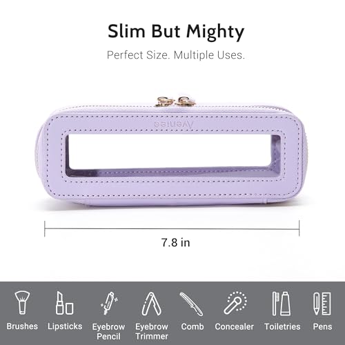 Aveniee Clear Makeup Brush Bag, Slim Brush Holder Cosmetic Case, Small Travel Toiletry Bag for Women, Thin Make up Bags with Dual Zipper, Cute Travel Essentials Srorage Bag.Lilac - color: Lilac, style: Slim Elegance