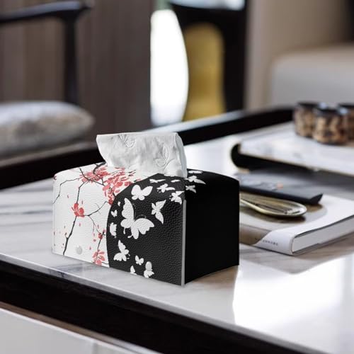 Butterfly Rectangle Tissue Box Cover Modern PU Leather Rectangular Tissue Box Waterproof Tissue Cover Decorative Holder Organizer for Bathroom Vanity Countertop - color: Butterfly Sakura