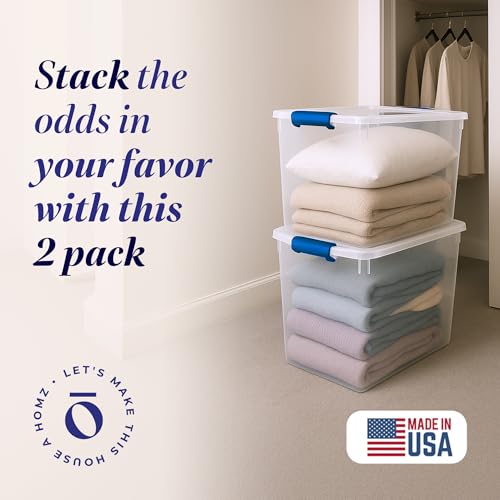 HOMZ 2-Pack Latching Lid, Clear Plastic Storage Organizer Bins, 112 Quart, Blue Latch - Stackable Organizing Containers for Home, Garage, and Office - color: Blue, size: 112 QT (2 Pack)
