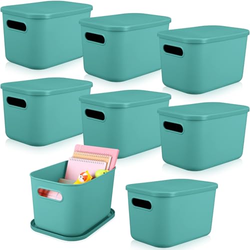 Hoolerry 8 Pieces Colorful Storage Bins with Lid, Plastic Storage Basket Organizing Container Stackable Box with Handle for Shelves Desktop Playroom Office(10.2 x 7 x 6.3 Inch,Green) - color: Green, size: 10.2 x 7 x 6.3 Inch