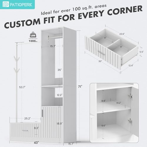 PatioPerk Closet System,Closet Organizer with Hanging Rods & Storage Shelves,Wardrobe Clothes Rack with Drawers and coat tree, Modern Garment Rack for Dressing Room, Hallway, White