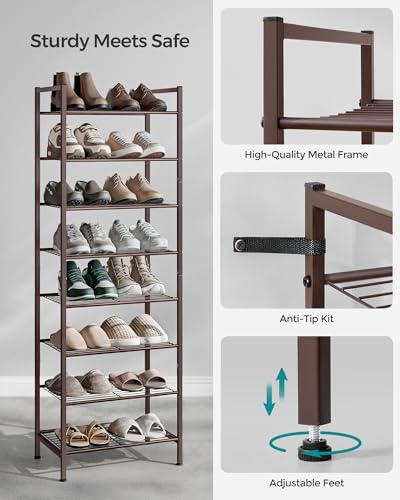 SONGMICS Narrow Shoe Rack - Sturdy 8 Tier Metal Tall Shoe Rack Shelf, Slim Shoe Storage Organizer for Closet Entryway Small Spaces, Bronze, 12"D x 17.6"W x 50.6"H - color: Bronze