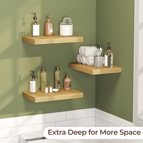 Fun Memories Floating Shelves for Wall 16 Inch Set of 3, Farmhouse Floating Shelves with Invisible Heavy Duty Bracket, 10 Inch Deep Bathroom Shelves for Storage, Living Room, Kitchen, Decor, Oak - color: Oak, size: 16"W x 10"D - 3P