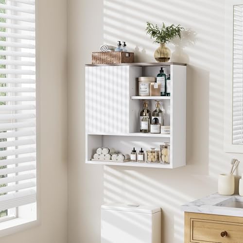 Bathroom Wall Storage Cabinet Fluted,Modern Over The Toilet Storage Cabinet Medicine Cabinet with Adjustable Shelves, Wood Curved Profile Wall Mounted Storage Organizer(White Wood, Medium) - color: White Wood, size: Medium