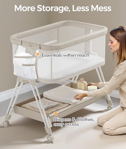 Fodoss Baby Bassinets Bedside Sleeper - Bed Side Bassinet Newborn with Wheels, Storage Tray, 4-Sided Mesh, 7 Height Adjustable, Beige - color: Beige Tweed