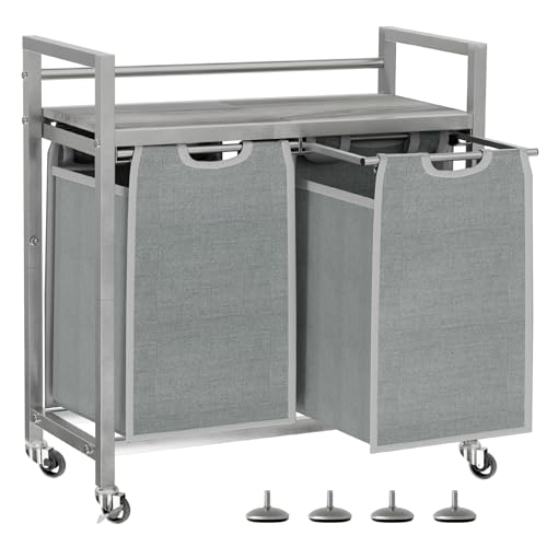 SwaaVee Laundry Hamper, Laundry Basket, Laundry Sorter with 3 Removable Bags, Clothes Basket with 3 Compartments, Wheels, Shelf for Laundry Room Bathroom Bedroom (2 Bags-Gray) - color: 2 Bags-Gray