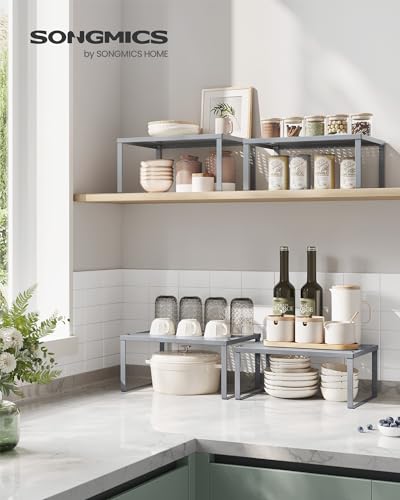 SONGMICS Spice Racks, Set of 2 Metal Cabinet Shelf Organizers, Countertop Organizers, Shelf Risers, Stackable, Expandable, Silver UKCS01SV - color: Silver, size: 9"D x 12.6"W x 6.1"H + 8.6"D x 12.6"W x 5.4"H