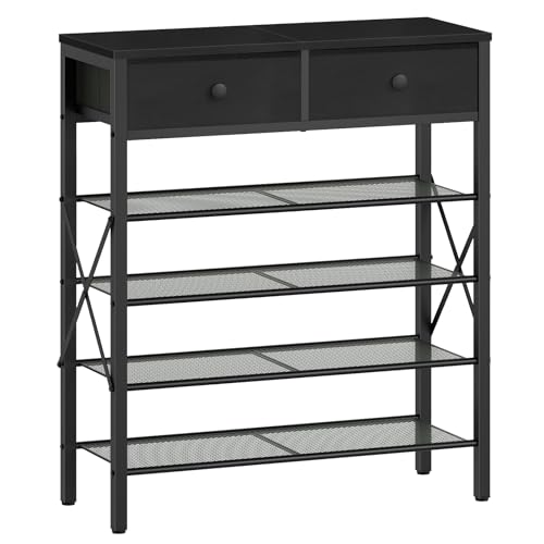 YATINEY 5 Tier Shoe Rack, Large Capacity Shoe Storage Organizer, Metal Shoe Shelf with Drawer and Wooden Top, for 20 Pairs of Shoes, for Entryway, Closet, Black SS25BB - color: Black, size: 27.7" x 10.8" x 37.7"